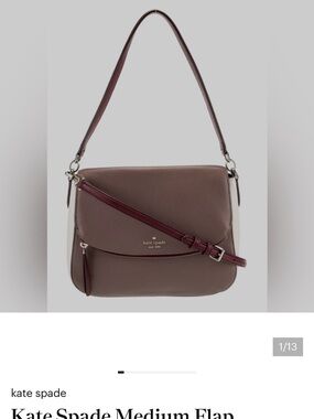 kate spade Pebble Leather Flap Shoulder Bag in Taupe with Burgundy Strap